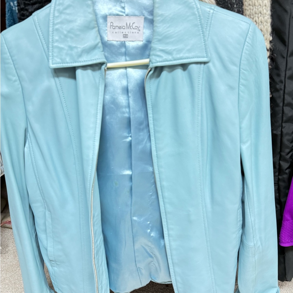 Pamela McCoy Light Blue Leather Jacket